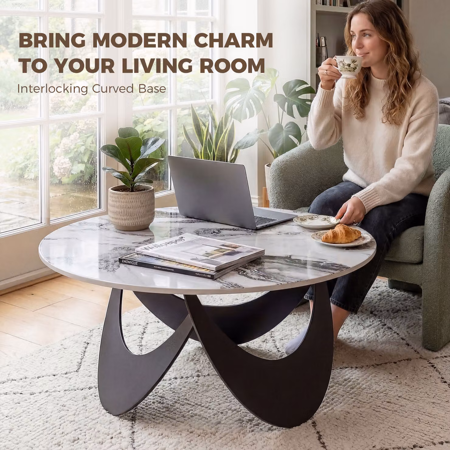HOMCOM Modern Coffee Table with Sintered Stone Top and Adjustable Foot Pads, White and Black, W: 80 cm, D: 80 cm, H: 40 cm – 4