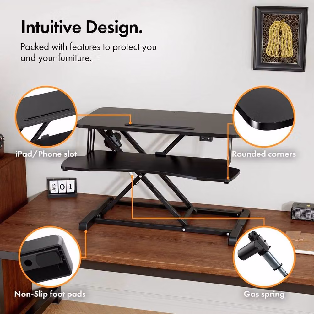 NESTLUNE Electric Height Adjustable Standing Desk Converter in Black, W: 100 cm, D: 15 cm – 4
