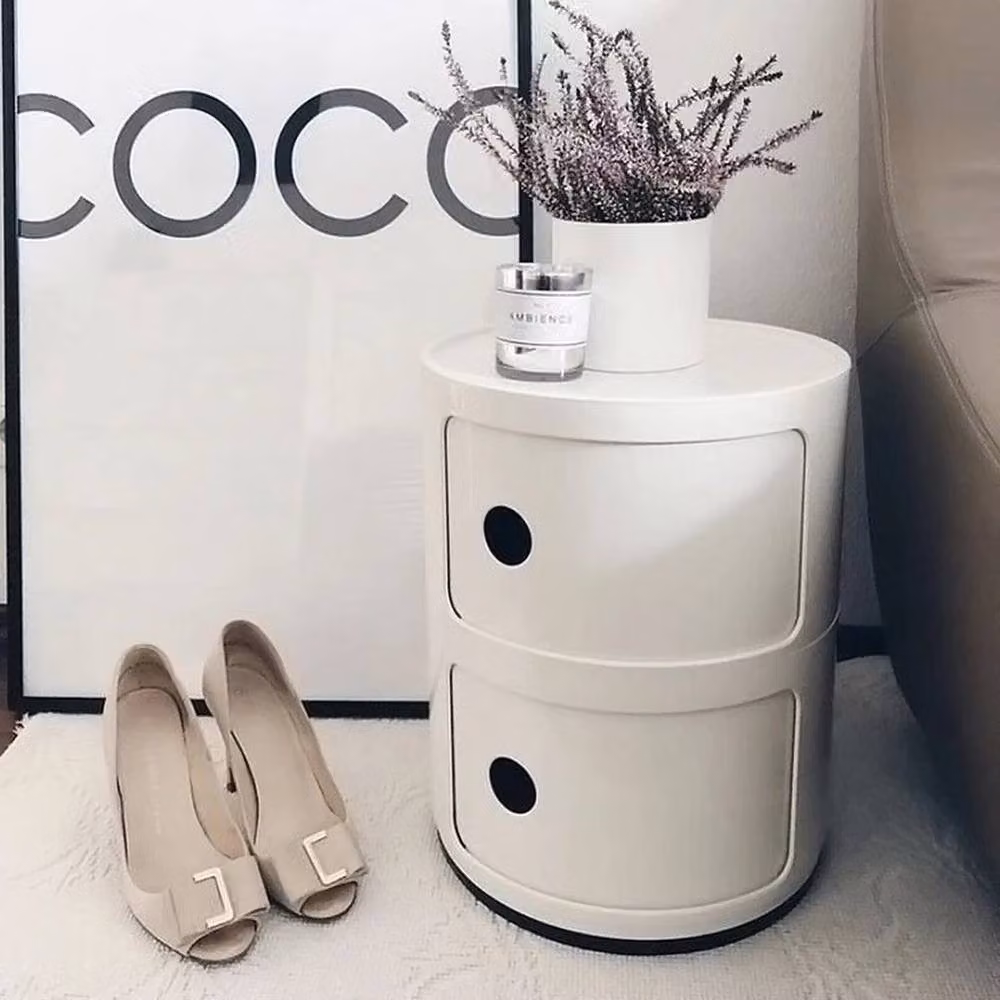 FLAVORA White 2-Tier Cylindrical Round Freestanding Storage Cabinet with Sliding Doors – 5