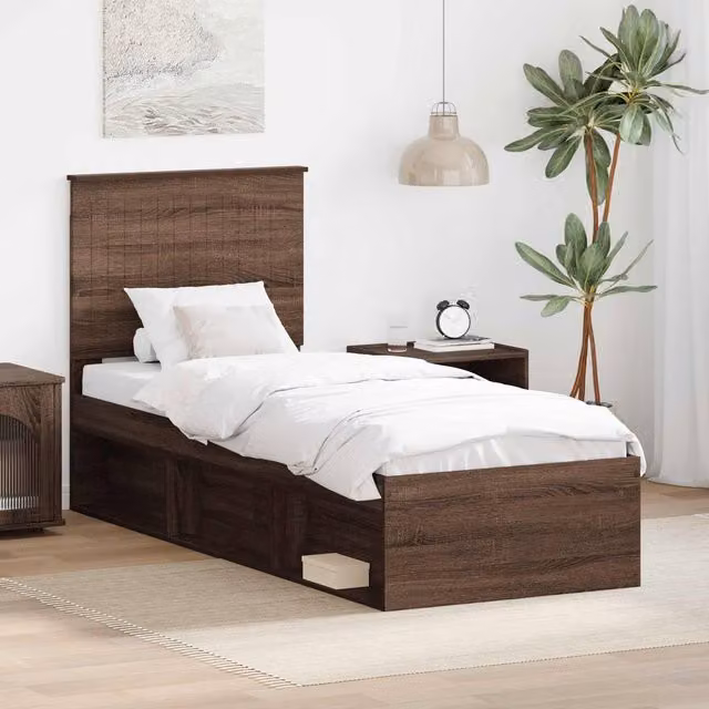 Berkfield Home Modern Bed Frame with Headboard in Brown Oak, Solid Pine and Engineered Wood, W: 75 cm, L: 190 cm