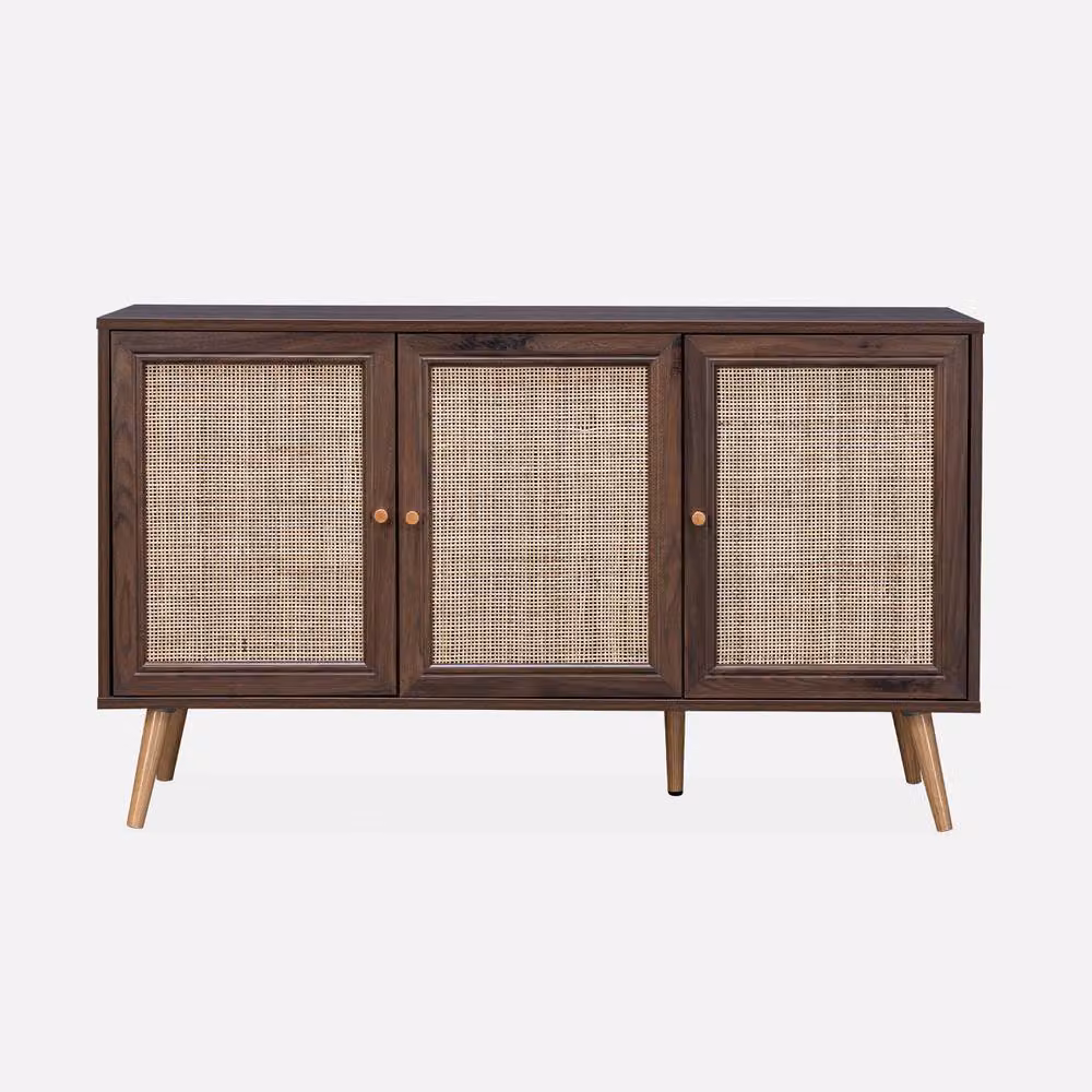 Sweekeet Boho Style Sideboard Cabinet with Rattan and Glass in Dark Brown, Width: 120 cm – 2