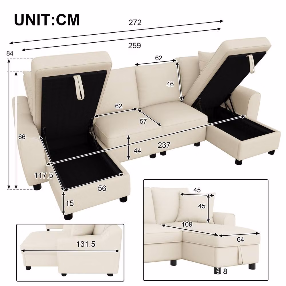 FENCHILIN Chenille U-Shaped Sectional Sofa with 2 Storage Chaise Lounges in Beige – 3