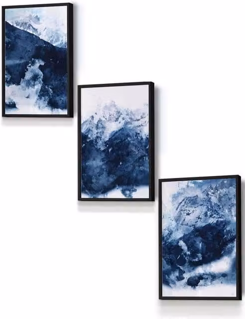 ARTZE Set of 3 Abstract Navy Blue Mountains Wall Art with Black Frames, W: 33 cm, H: 45 cm, D: 2 cm – 4