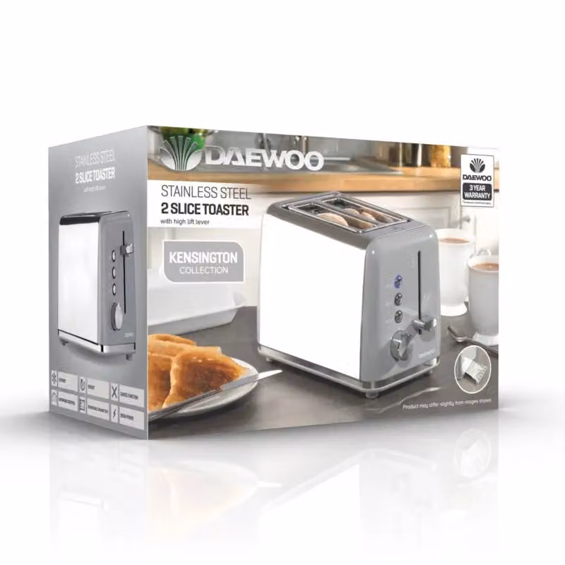 Daewoo Kensington 2 Slice Stainless Steel Toaster with Defrost and Reheat Functions, 810W, Grey – 4