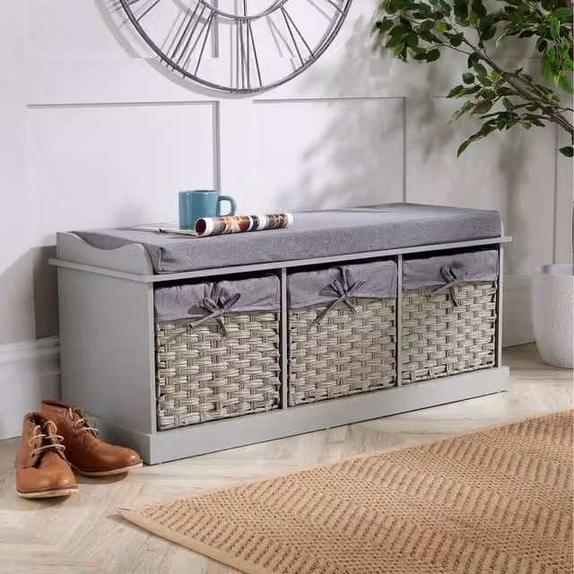 Home Source Malibu 3 Drawer Storage Bench in Grey Fabric