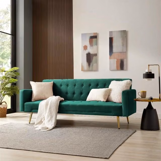 Tudor Green Velvet Click Clack Sofa Bed with Metal Legs W/D/H: 191 x 172.5 x 76 cm