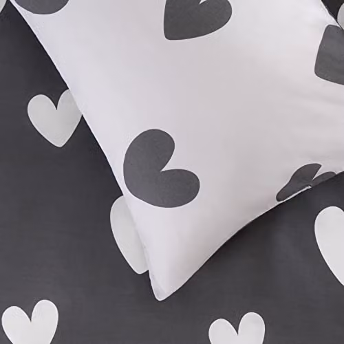OHS Love Heart Reversible Printed Duvet Cover and Pillowcase Set in Grey and White, W/D/H: 180 x 200 cm – 3