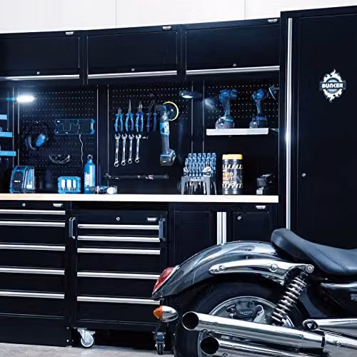 Draper BUNKER 04398 Modular Storage Combo with Hardwood Worktop, 16 Piece, Black Steel and Wood Floor Standing Unit with Doors and Pegboard – 1