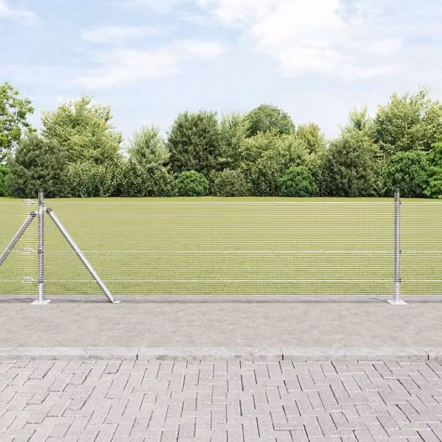 Berkfield Home Silver Galvanised Steel Welded Wire Fence with 7 Flanged Posts, W: 10 m, H: 0.6 m – 1