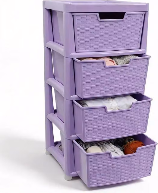 FORGEVIO 4 Tier Plastic Rattan Drawer Storage Cabinet in Purple for Home or Office