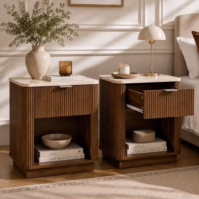 Merax Set of 2 Fluted Bedside Tables with Marble Effect Top Drawer and Open Shelf in Walnut