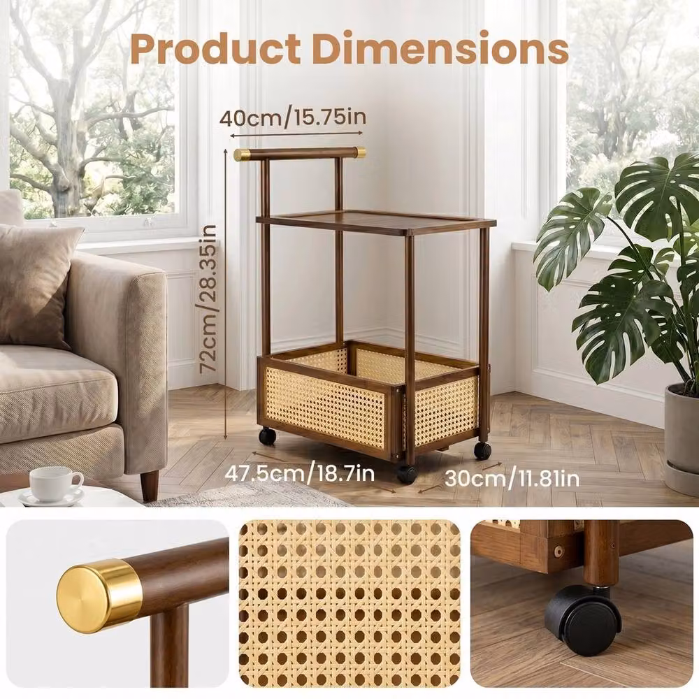 FORGEVIO 2-Tier Rolling Rattan Side Table with Storage in Brown – 2