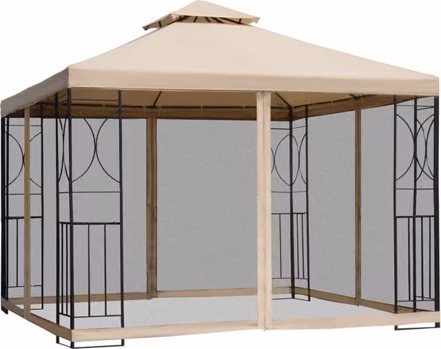 Outsunny Beige Garden Gazebo Tent with Netting and 2-tier Hip Roof, W: 300 cm, D: 300 cm, H: 278 cm