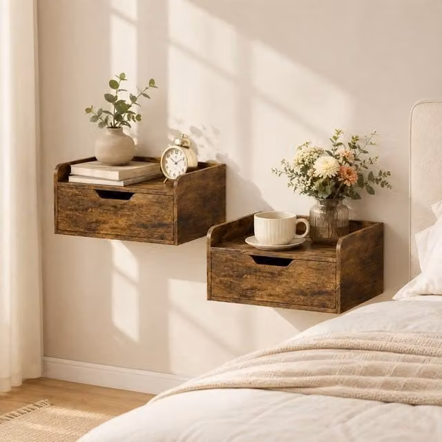 STILVORA Set of 2 Modern Wall Mounted Bedside Tables with Drawer in Dark Brown – 1