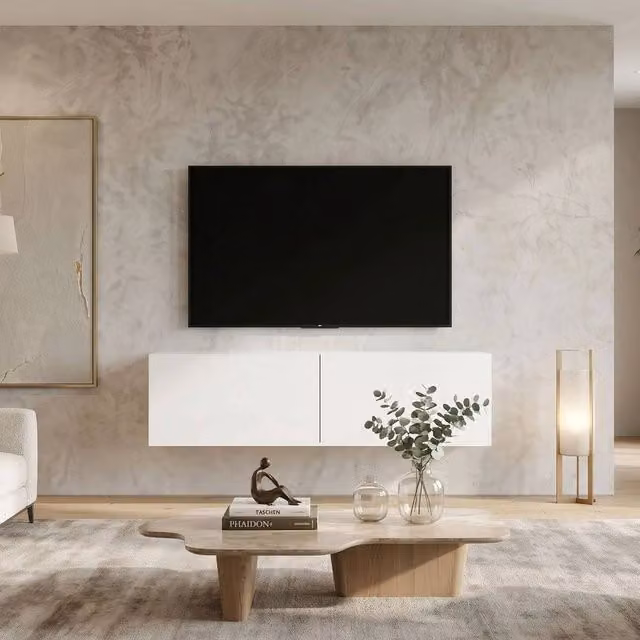 PAWNORA White Wall Mounted Floating TV Unit with 2 Cabinets, Width: 120 cm – 1