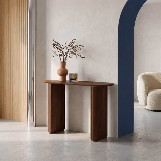 sweeek Oval Console Table in Dark Brown Rubberwood and Oak-Effect Veneer – 1