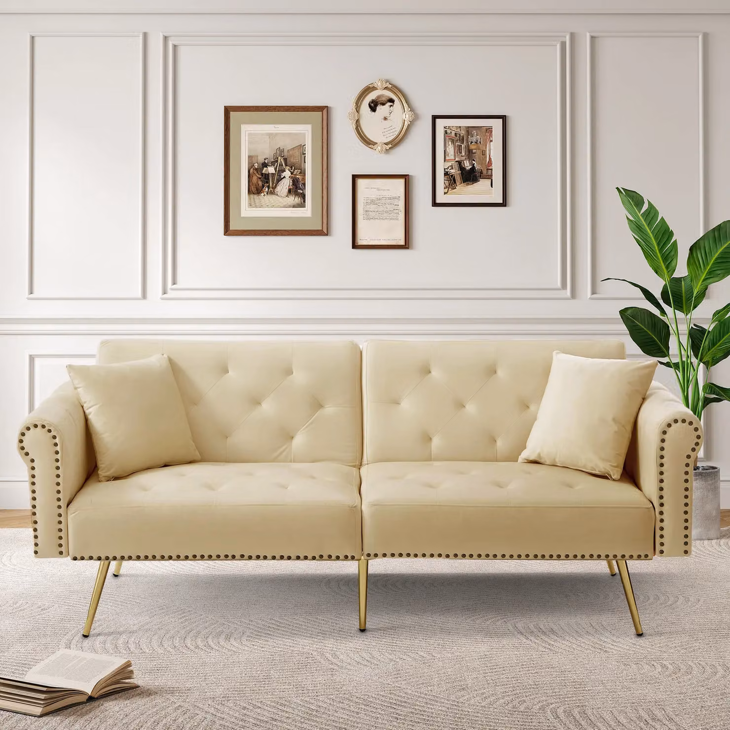 Matteo Modern 2-Seater Velvet Sofa Bed in Beige with Adjustable Backrest and Solid Wood Frame – 2