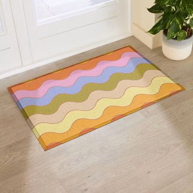Artsy Mats Elizabeth Olwen Wavey Lines Indoor/Outdoor Doormat in Yellow, W: 90 cm, D: 60 cm