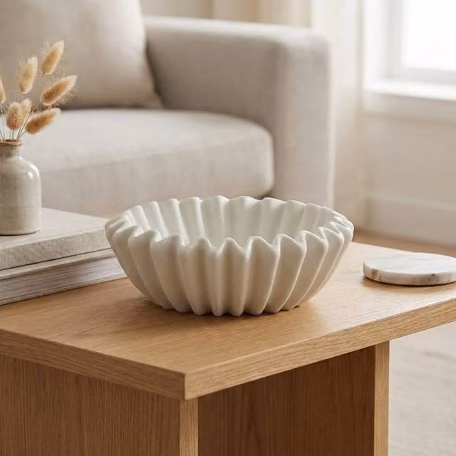 Garden Greatness Maison Pleated Ceramic Bowl Decoration in Beige and White, W/D/H: 15 x 15 x 4.5 cm