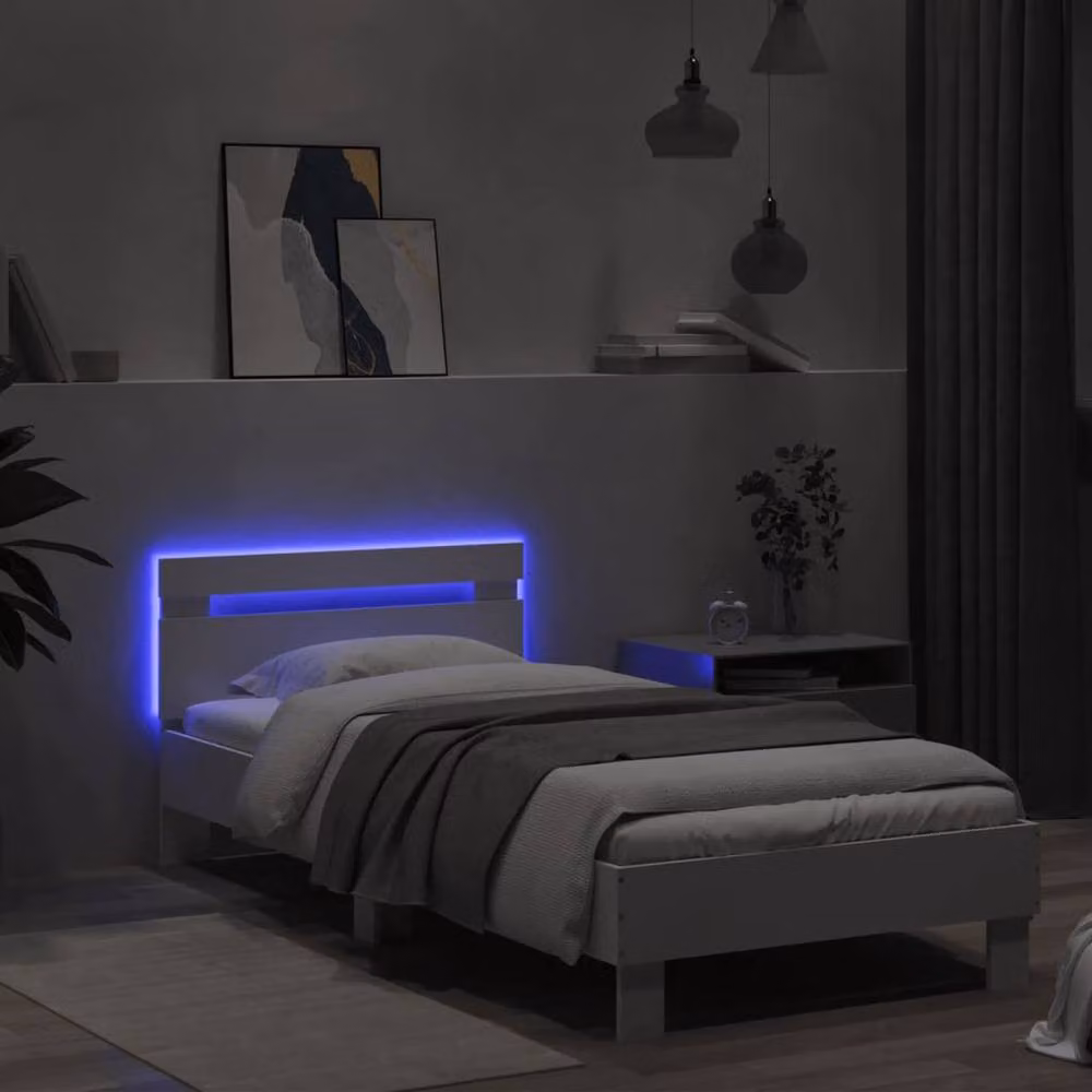 Berkfield Home Single Bed Frame with Headboard, LED Under-Bed Lighting and USB Charging Port, White, W/D/H: 90 x 190 cm – 3