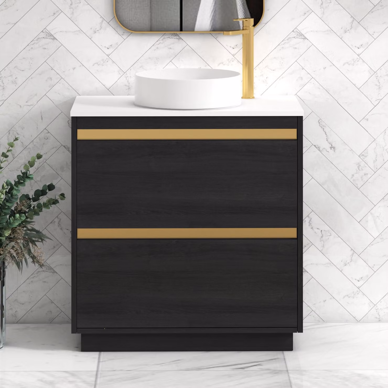 Royal Bathrooms Orion 800mm Hale Black Floor Standing Plain White Countertop Vanity Unit with 2 Drawers, Art Basin and Brushed Brass Accent Trim