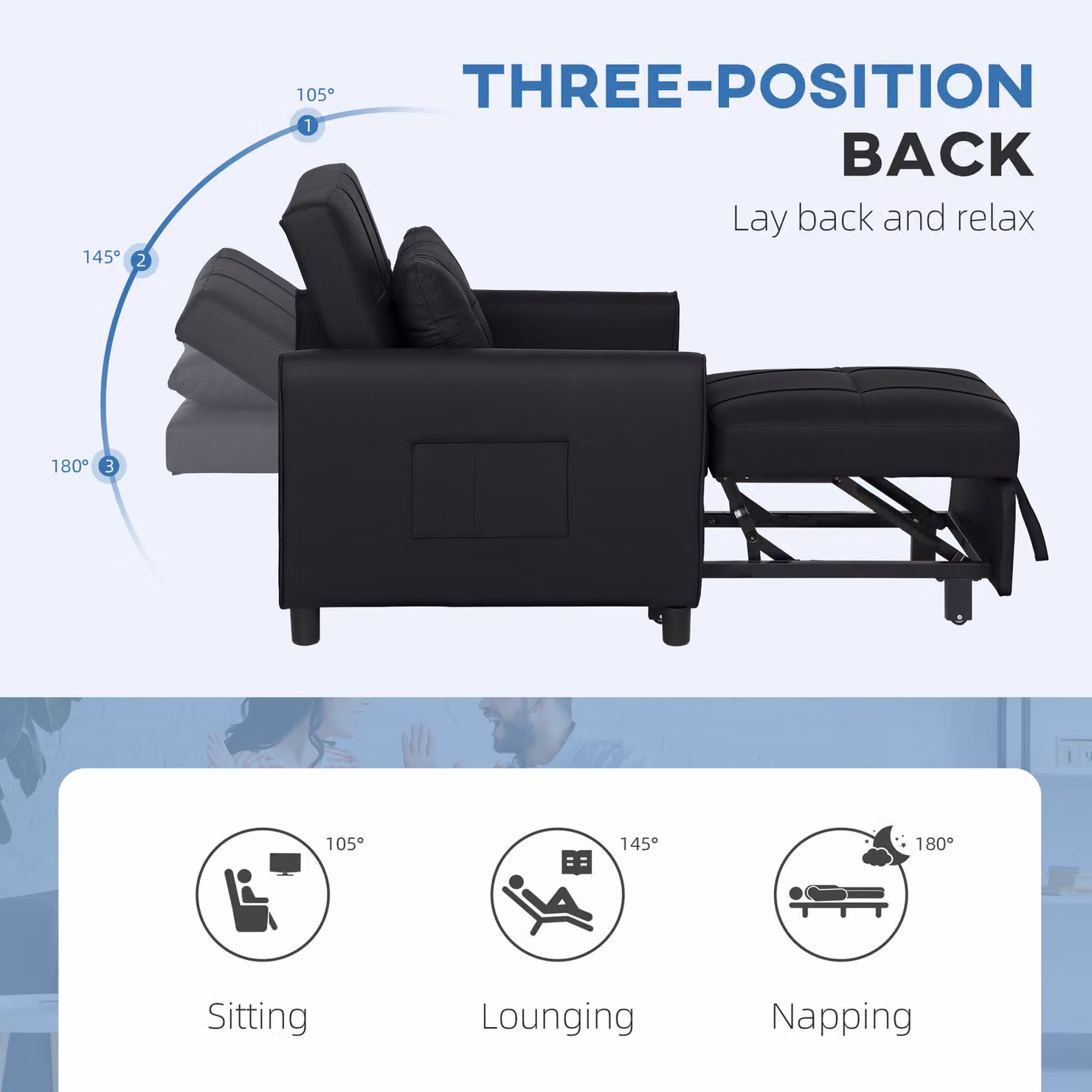 HOMCOM 3-in-1 Black Linen-Look Single Chair Bed with 11cm Thick Adjustable Back and Eucalyptus Wood Frame – 5