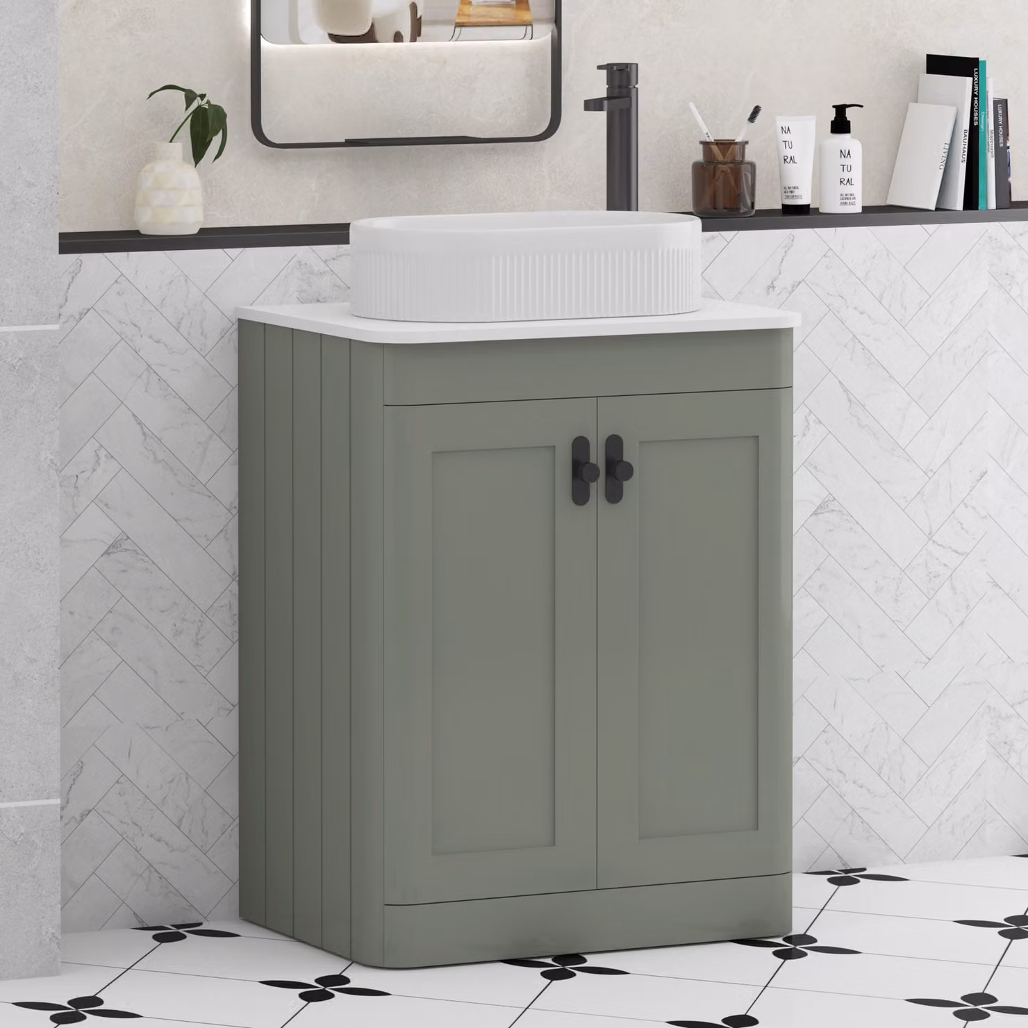 Royal Bathrooms Henley 600mm Sage Green Floor Standing 2 Door Vanity Unit with Lyon Basin, Plain White Worktop and Matt Black Knobs