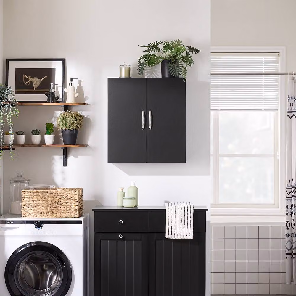 SoBuy Modern Wall-Mounted Bathroom Cabinet in Matt Black with Soft-Close Hinged Doors and Internal Shelves – 5