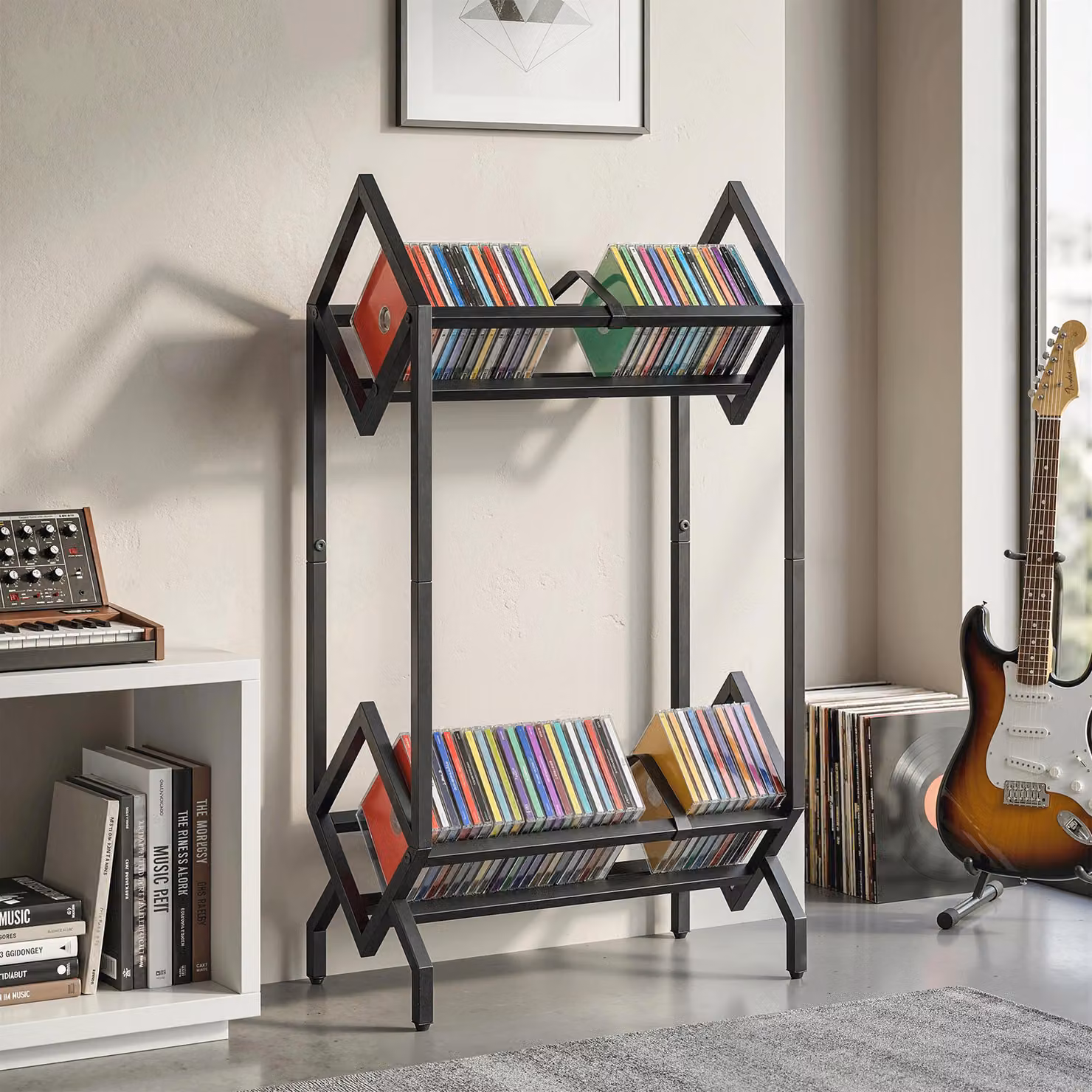 HOMCOM 2-Tier Black Metal Freestanding CD Storage Rack with 50 Media Compartments – 2