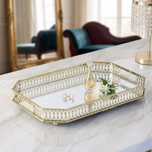 Dynasty Home UK Golden Octagonal Decorative Vanity Tray with Mirror, Diameter: 32 cm