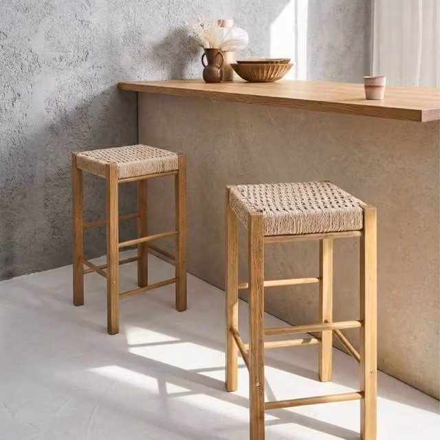 Wyld Haus Set of 2 Brown Rubberwood Bar Stools with Woven Paper Rope Seats – 1