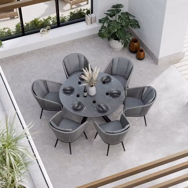 Royalcraft Aspen 6 Seater Round Ceramic Glass Dining Set in Grey and Black