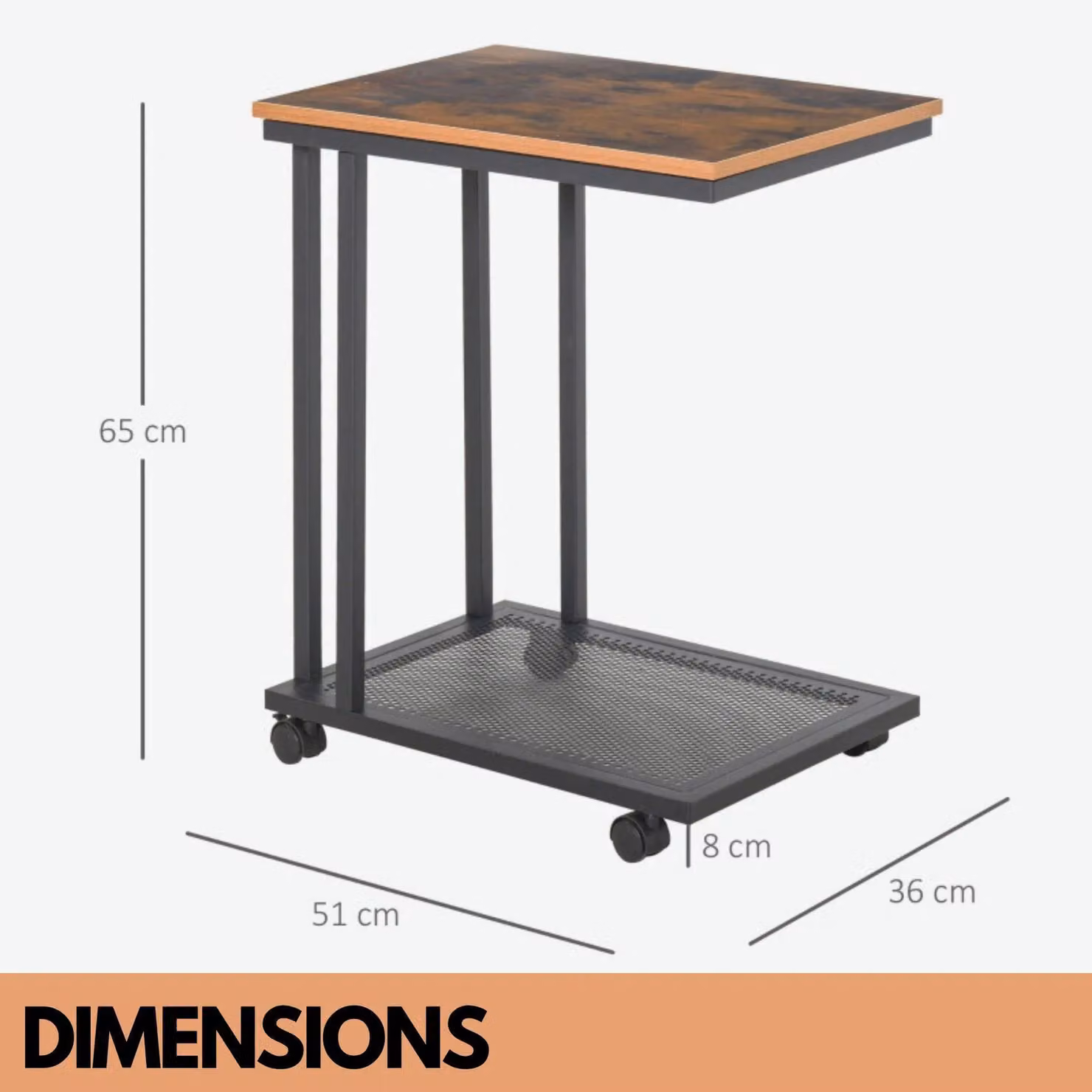 Pirlo Plush Industrial C Shaped Side Table with Mesh Shelf and Castors, Brown, W/D/H: 36 x 36 x 65 cm – 3