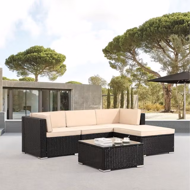 AREBOS Modern Polyrattan Garden Furniture Set in Black with Metal and Glass Details