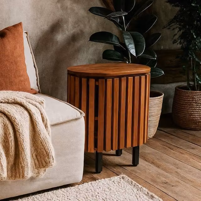 Wyld Haus Birmingham Modern Slatted Mango Wood Bedside Table in Brown and Black, W/D/H: 35 x 50 x 58 cm – 1