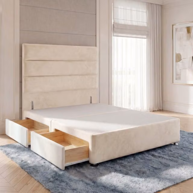 Horizona Velvet Divan Bed Base with Floor Standing Headboard and Drawers, Ivory, W/D/H: 200 x 180 x 34.5 cm
