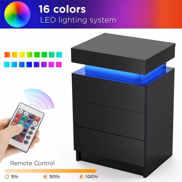 Nordara Black 3-Drawer High Gloss LED Bedside Table in Black