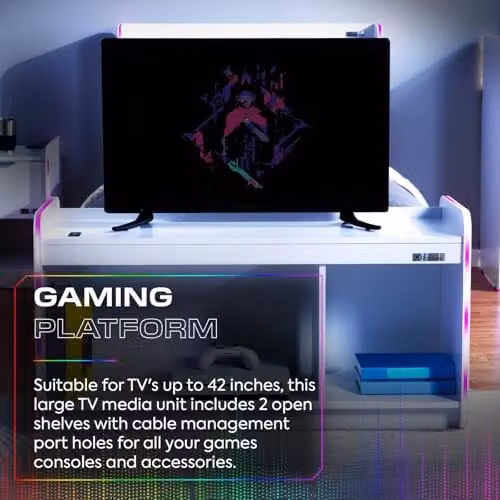 X-Rocker Electra RGB LED Media Centre TV Stand in White, W: 107 cm, D: 43 cm, H: 55 cm – 3