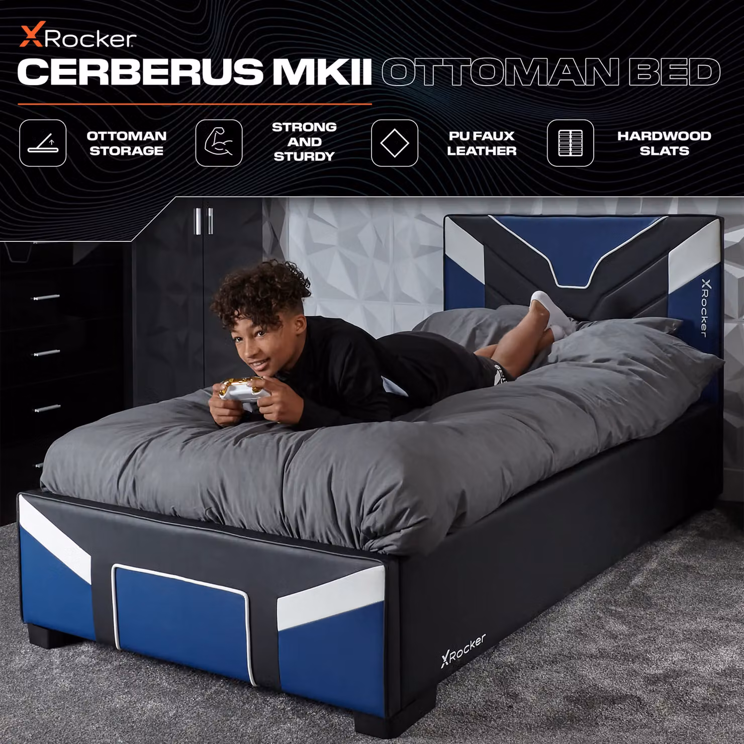 X Rocker Cerberus MKII Blue Upholstered Ottoman Bed Frame with Gas Lift Storage for Kids and Teens W/D/H: 90 x 190 cm – 2