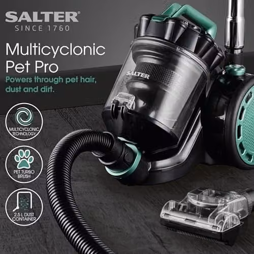 Salter Multicyclonic Pet Pro Bagless Cylinder Vacuum Cleaner in Blue and Green with 700W Motor, HEPA Washable Filter and Pet Turbo Brush – 4