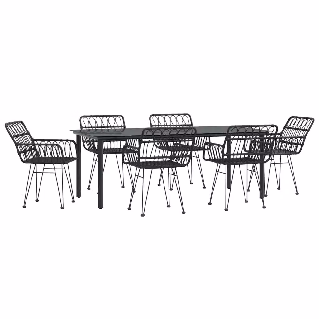 Berkfield Home 7 Piece Black Poly Rattan Garden Dining Set with Glass Top Table – 2