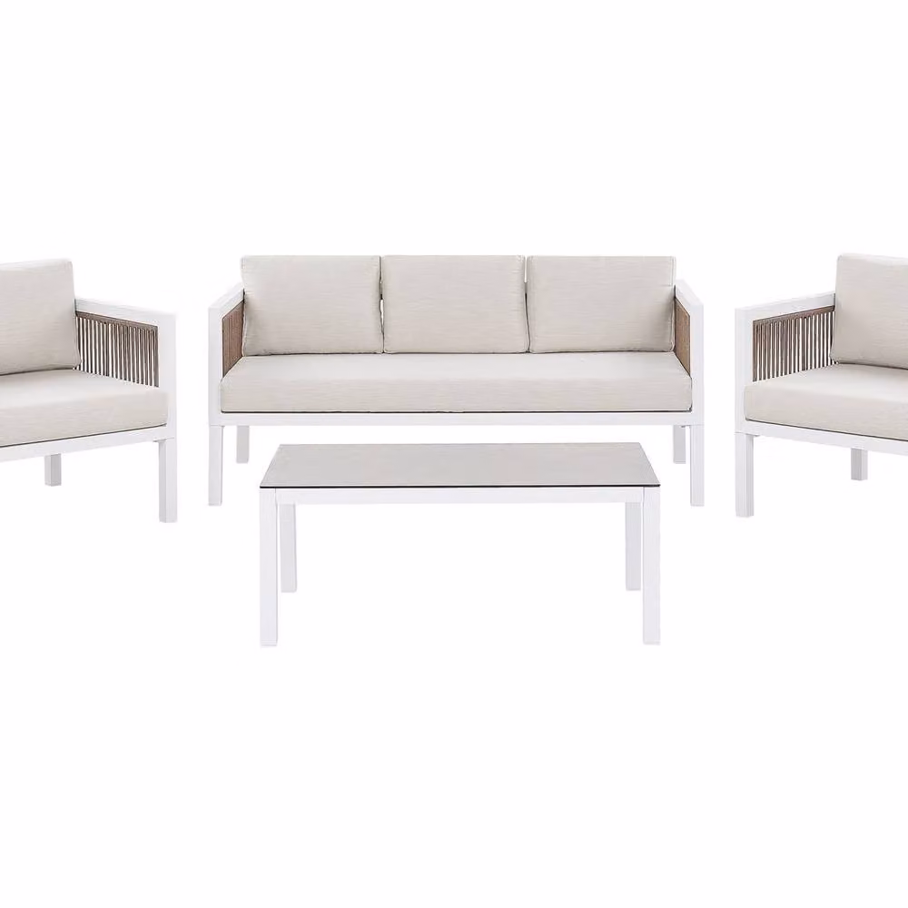 Wyld and Coco 5 Seater L-Shape Outdoor Corner Sofa Set with Coffee Table, Brown Powder Coated Aluminium Frame and White Cushions – 2