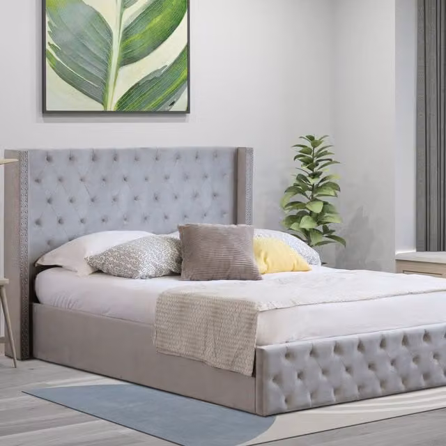 Comfy Living Chesterfield Velvet Storage Bed Frame with Lift Up Base in Silver Grey, 140 x 200 cm