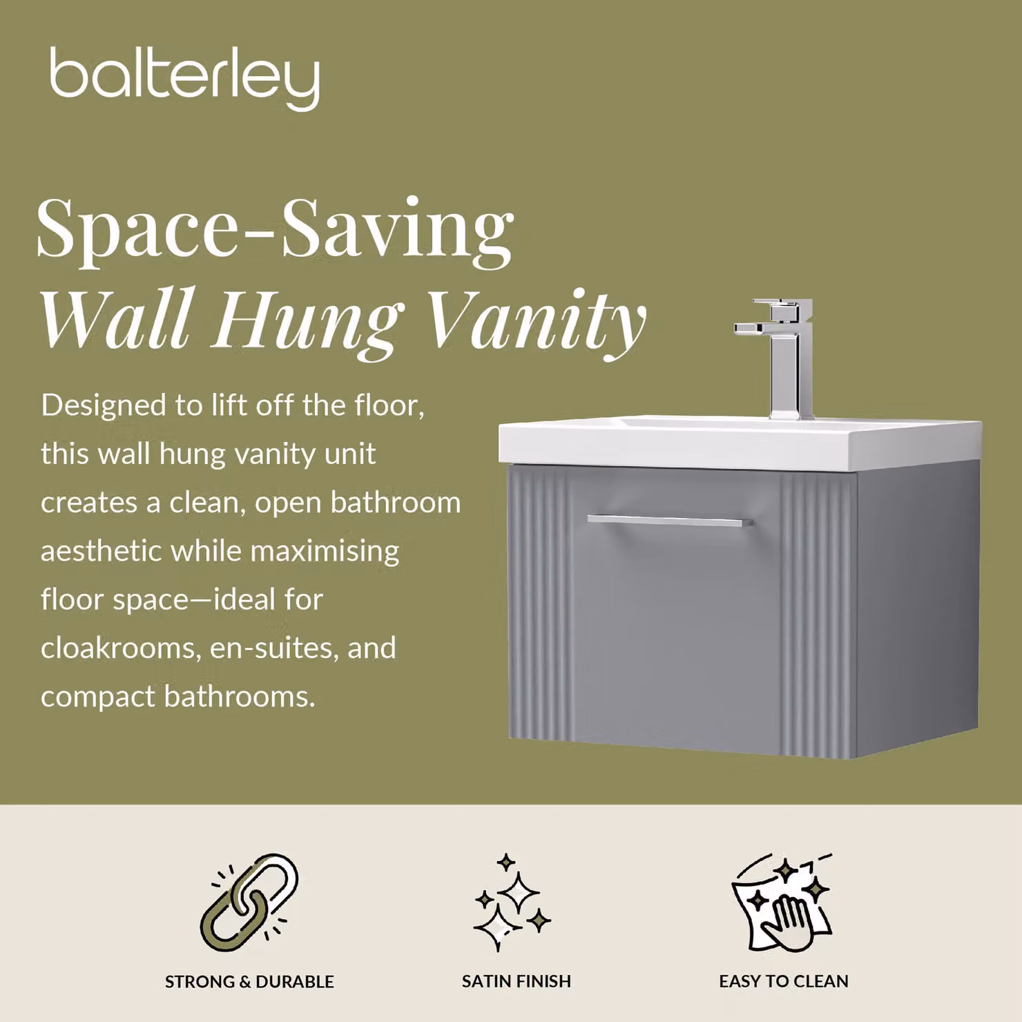 Balterley Wall Hung 1 Drawer Vanity Unit with Mid-Edge Basin, Satin Grey – 2