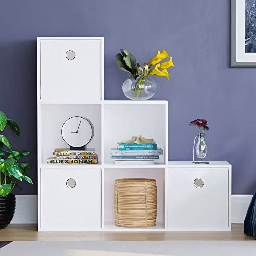 Vida Designs Durham 6 Cube Staircase Bookcase with 3 White Baskets, White – 3