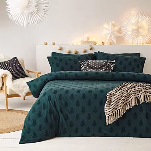 The Linen Yard Tufted Tree 100% Cotton Percale Duvet Cover Set in Green, 200 x 200 cm