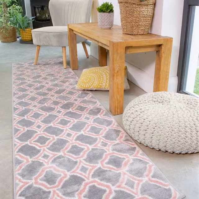 The Rug House Super Soft Geometric Modern Area Rug in Pink and Grey, W: 240 cm, D: 60 cm