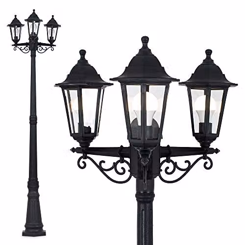 MiniSun Traditional 3 Way Black Lamp Post Light with Warm White 6W LED Bulbs, Height: 195 cm – 3
