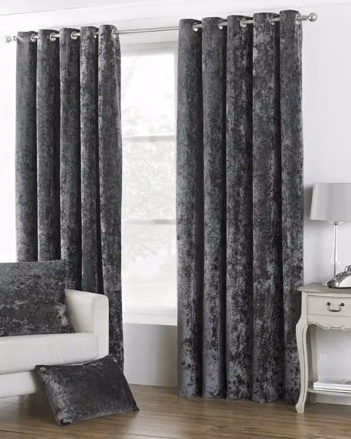 Paoletti Verona Crushed Velvet Ready Made Eyelet Curtains in Pewter Grey