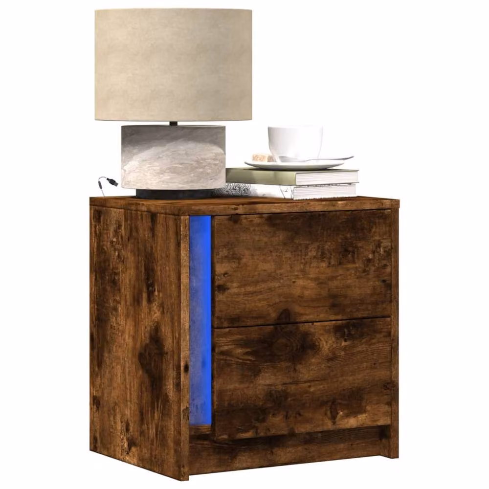 Berkfield Home Bedside Cabinet in Smoked Oak Brown with Integrated LED Lights – 2